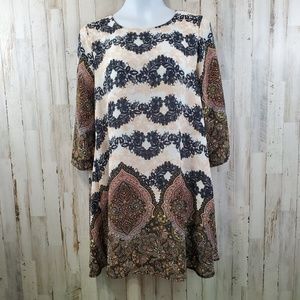 Forever 21 Womens Dress S Cream Boho A Line 3/4 Sleeve Lined V10